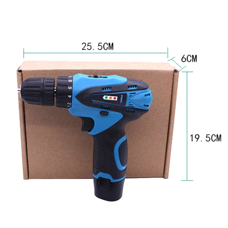 Cordless hand drill shown in a retail box with size measurements labeled