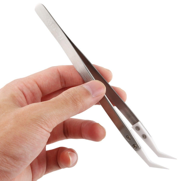 Handheld stainless steel ceramic tip elbow tweezers with white handle
