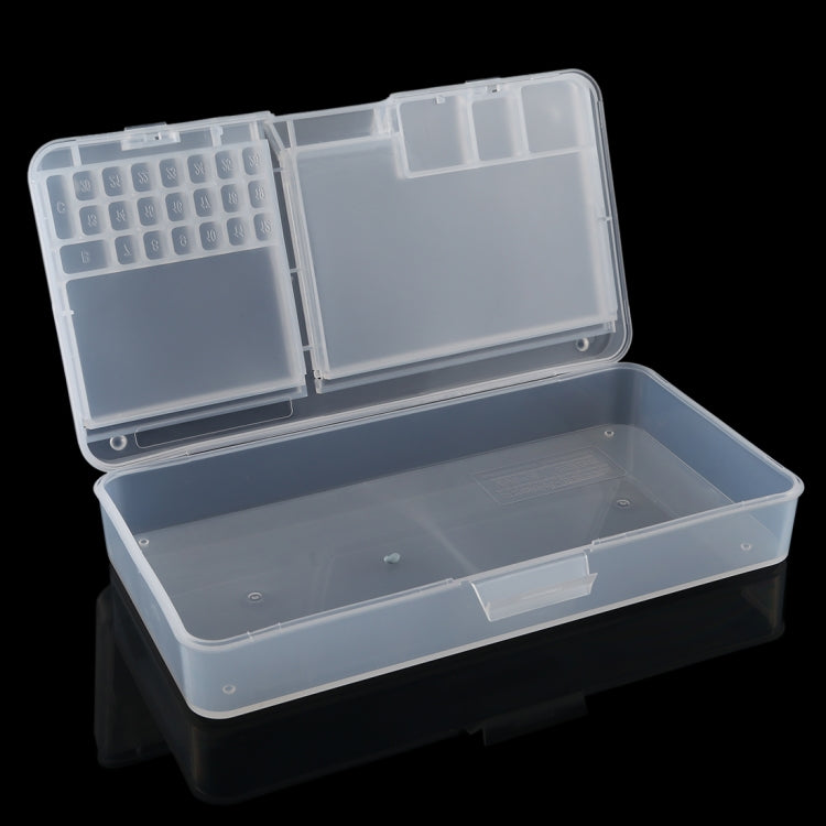 Clear plastic organizer box open with top compartments and bottom tray dividers