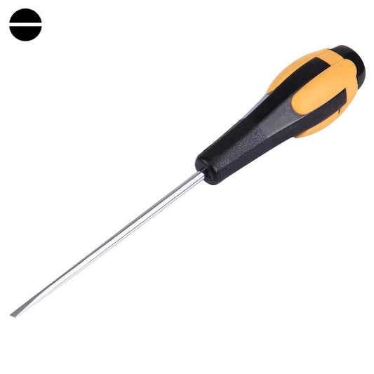 Slot screwdriver 4x100mm, black and yellow handle with long metal shaft