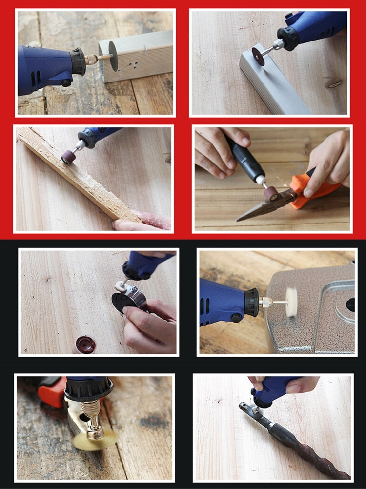 Mini electric drill grinder sanding on wood planks with circular accessory attachment