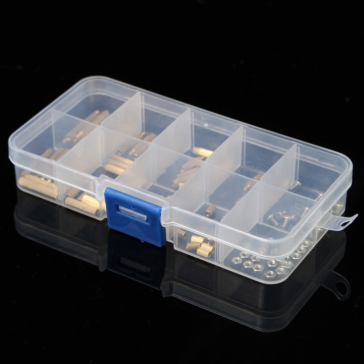 M2 brass knurled standoff spacers set, male and female, in clear organizer with compartments