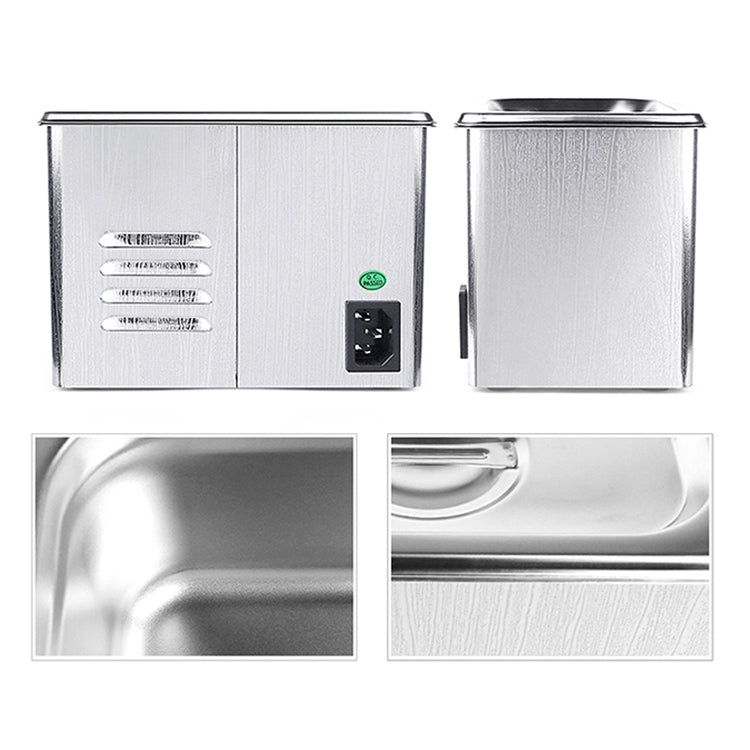 Stainless steel ultrasonic cleaner back and side views with close-up insets