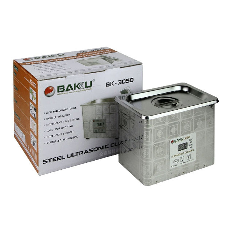 Ultrasonic cleaner with open lid and stainless tank, shown with product box
