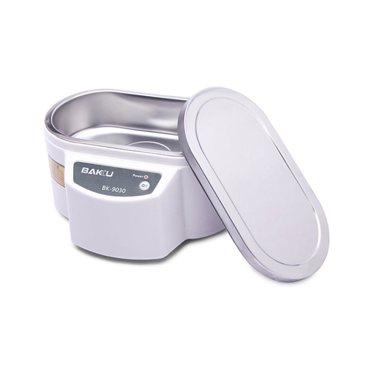 White ultrasonic cleaner with LCD control, open lid, and stainless cleaning basin