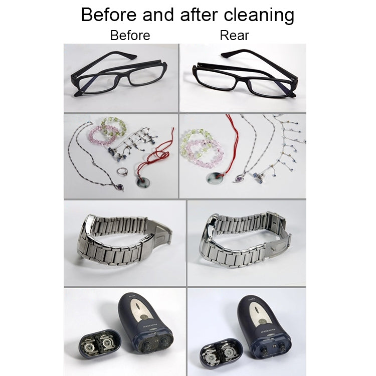Ultrasonic jewelry cleaner before-and-after cleaning collage with glasses and jewelry