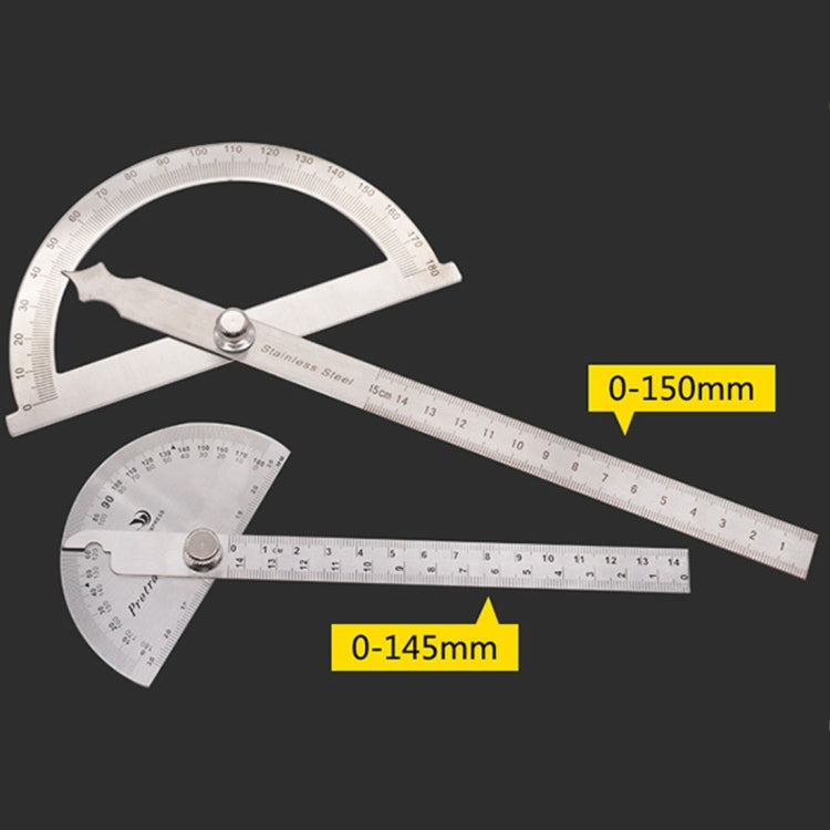 Stainless steel protractor angle finder with 0–150mm ruler arm and pivot