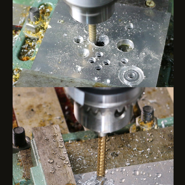 Twist drill bit drilling through metal plate, showing spiral flutes and straight shank