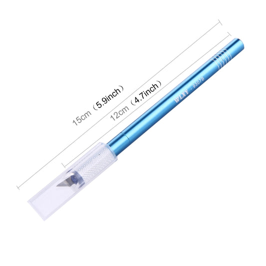 Blue precision knife with 15cm overall length and pointed replacement blade