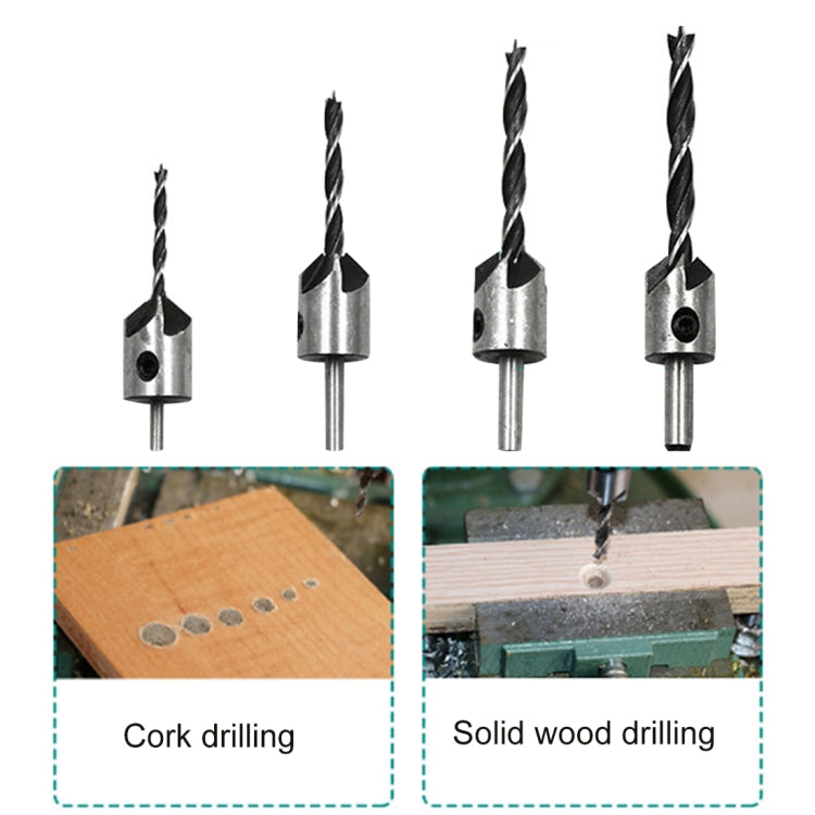 Countersink drill bits set for cork and solid wood drilling, four pieces.