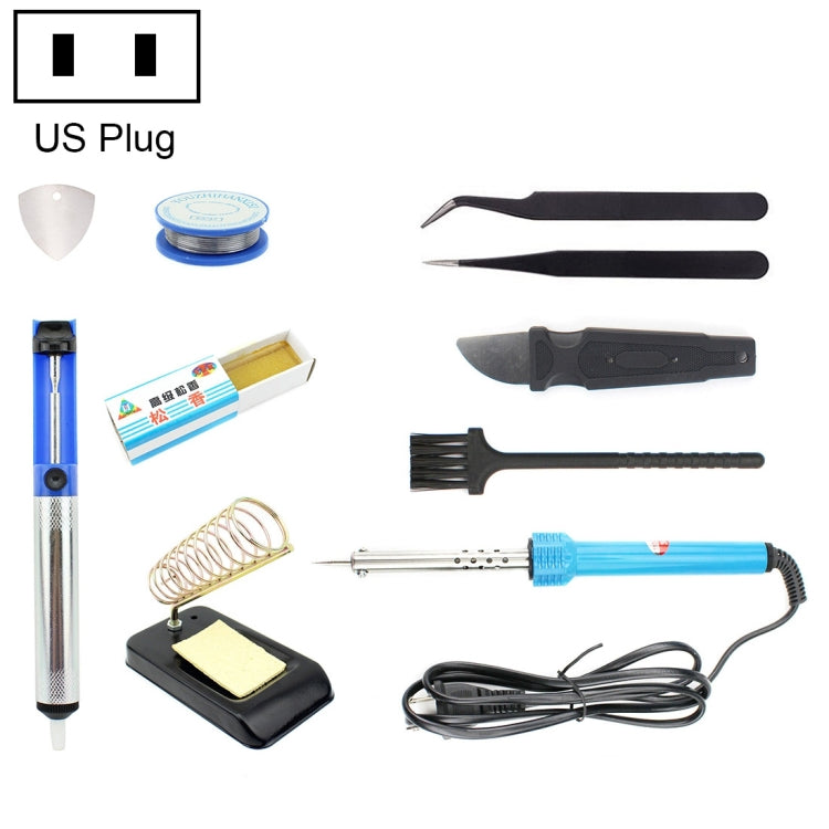 11-in-1 soldering iron kit with blue iron, black tools, and US plug accessories