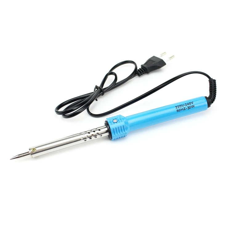 Electric soldering iron with blue handle, metal tip, and grounded plug cord