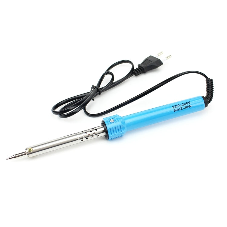 Electric soldering iron with blue body, metal tip, and two-prong power plug