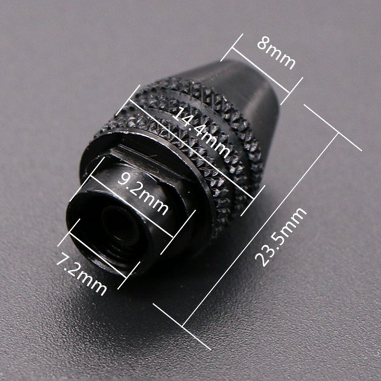 Black chuck adapter with 8mm width and 23.5mm length dimension markings