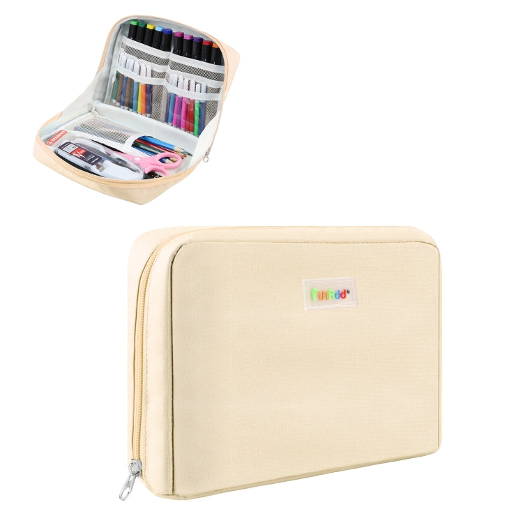 Large canvas pencil case organizer, cream color, zippered rectangular cosmetic bag with label