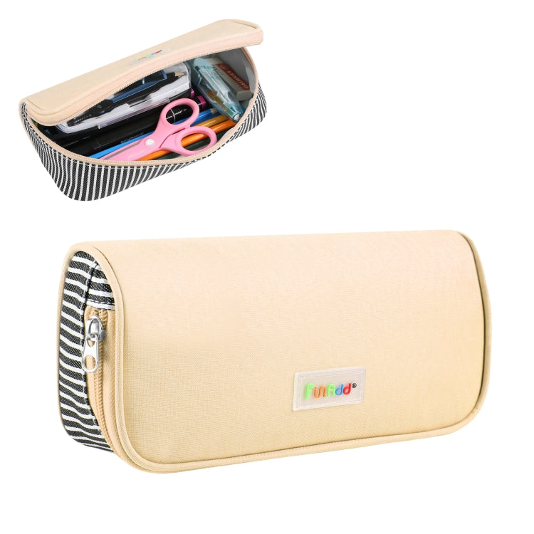 Apricot/beige zippered canvas pencil case with striped sides and front logo patch