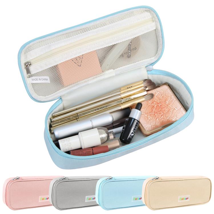 Light blue zippered pencil case with mesh front pocket, open to show makeup tools inside
