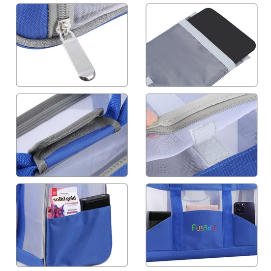 Blue breathable pet tote bag details: zippers, stitched seams, and wide mesh panels