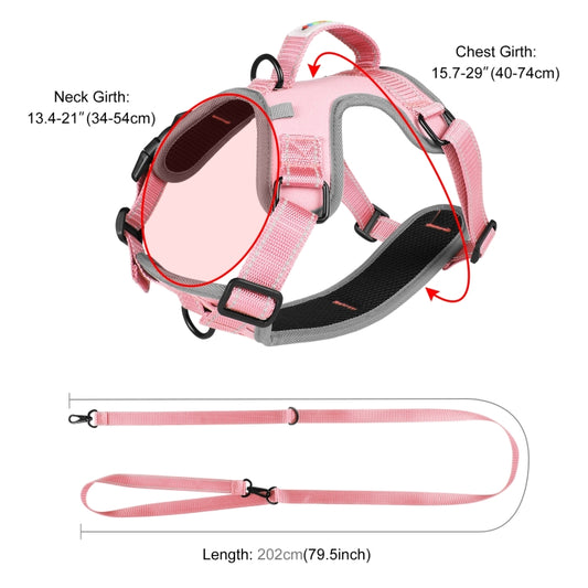 Pink reflective dog vest harness with neck and chest straps and matching leash