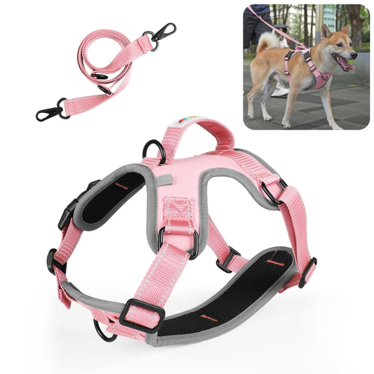 Pink reflective dog traction vest harness with chest and neck straps, size M