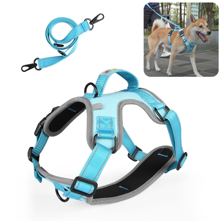 Blue dog harness vest with breathable nylon straps and reflective accents