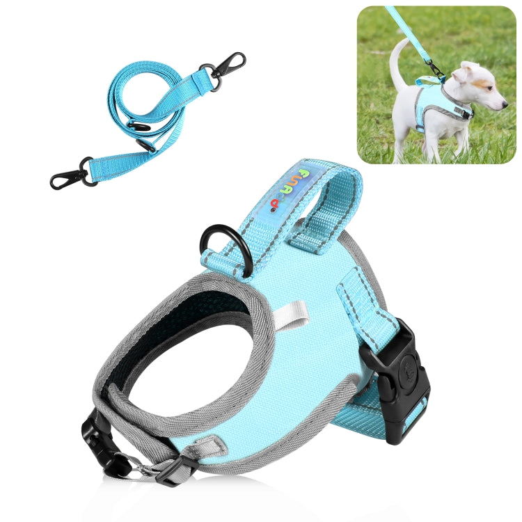 Blue reflective dog vest harness with leash handle and adjustable straps
