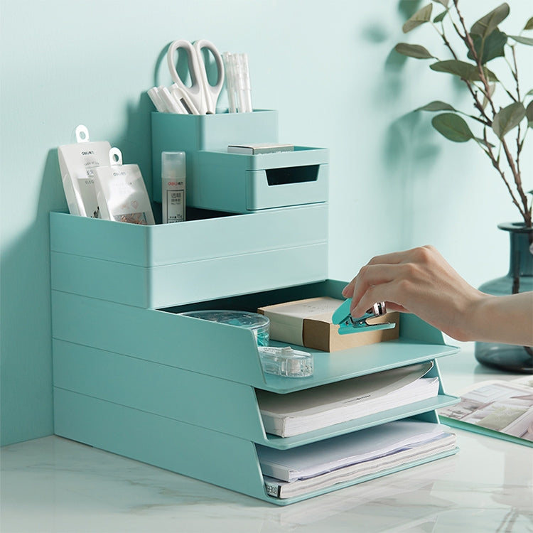 Blue-green desk organizer box with pen holder and removable compartment for stationery