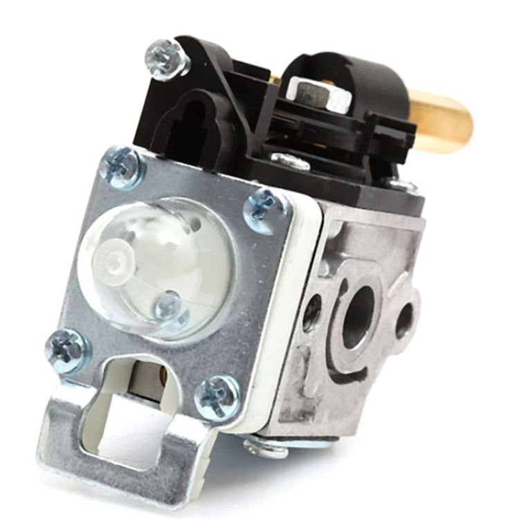 Carburetor with primer bulb, front view of clear primer bulb on metal body