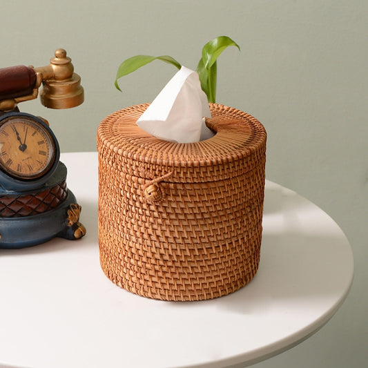 ZJH01 Circle Shape Restaurant Desktop Rattan Braided Tissue Storage Box Case, Circle Shape