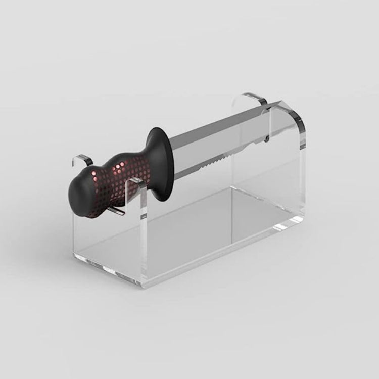 Clear acrylic double-tier knife display stand with knife seated in front slot