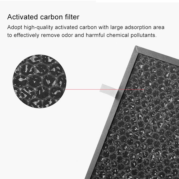 Air purifier replacement activated carbon filter element, close-up of dark carbon with round pore pattern