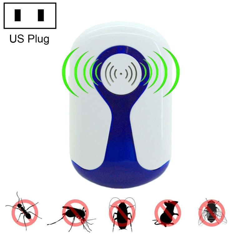 Ultrasonic mosquito repeller plug-in with green sound wave lines, US plug, white and blue