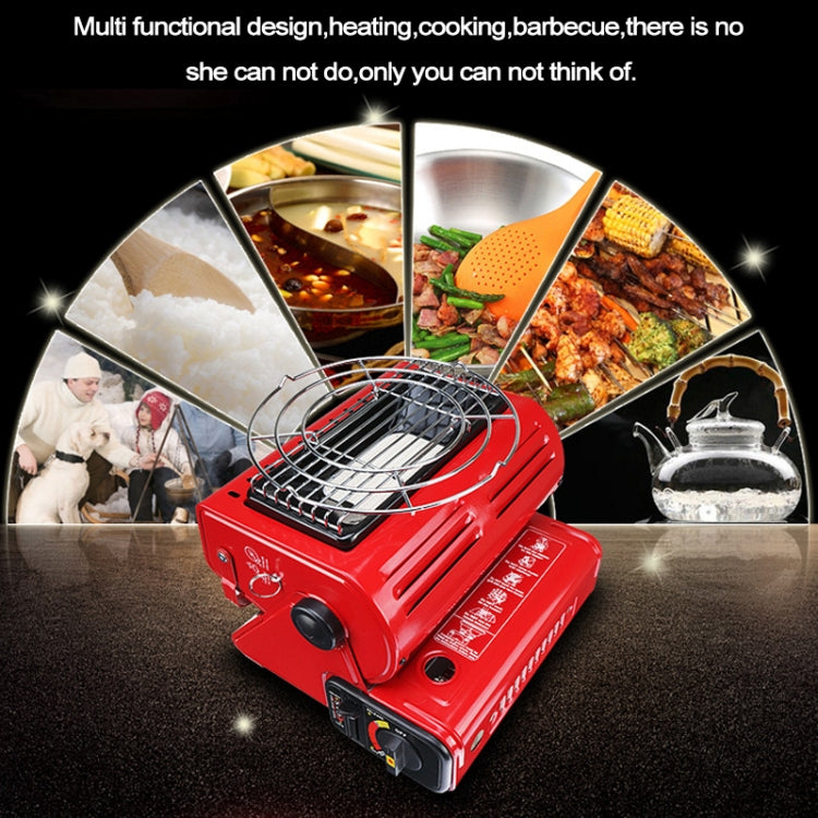 Portable red dual-fuel gas camping stove with cooking grates and controls
