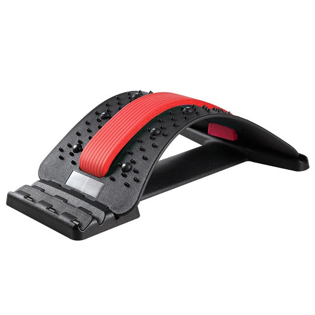 Lumbar traction stretching device with red padded strap and black foot pads