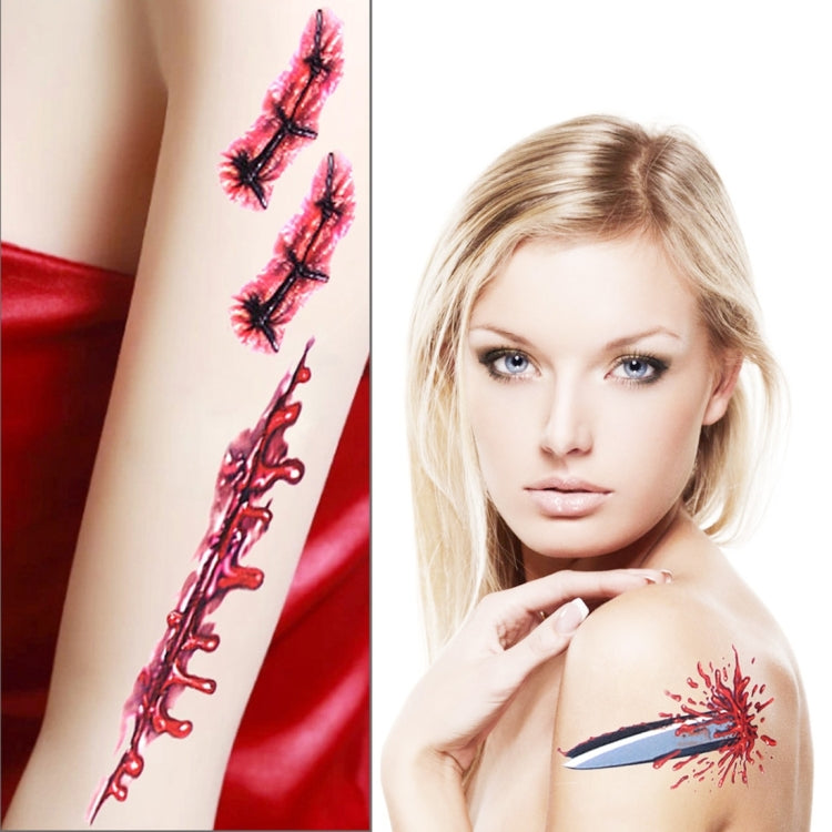 Temporary wound scar tattoo stickers on skin, blue bruise with blood and stitched cuts