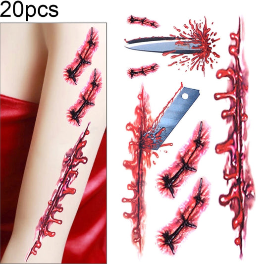 Temporary wound scar tattoo stickers with blood splatter and stitched cuts, multiple designs