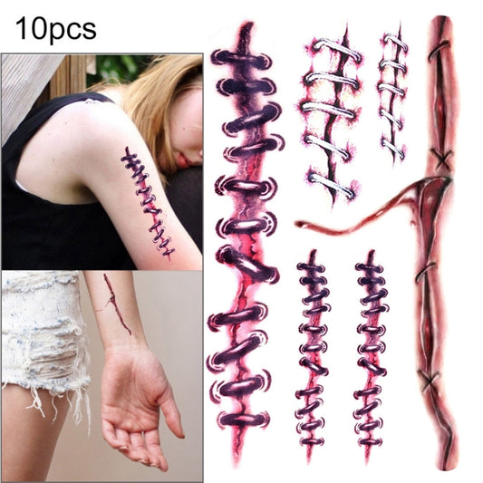 Set of temporary wound scar tattoo stickers with stitched cuts and dark red scars