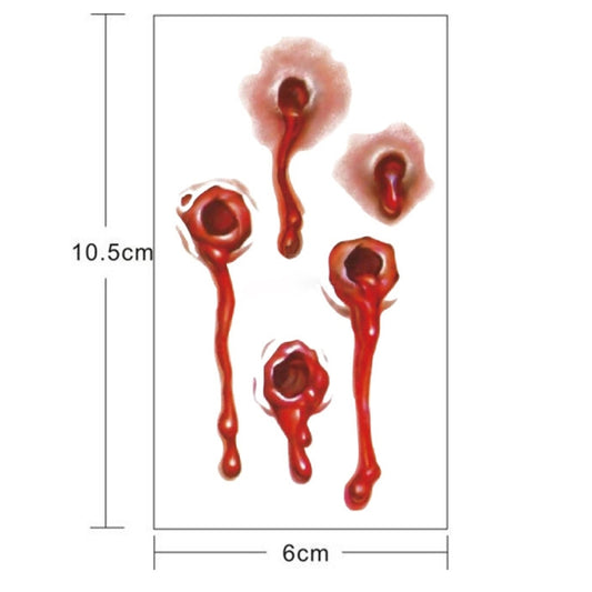 20-piece bullet wound blood temporary tattoo sticker sheet, size 6cm x 10.5cm
