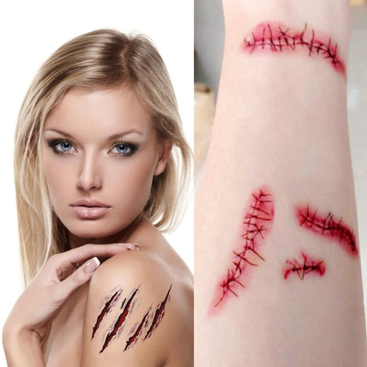 Temporary wound scar tattoo stickers on skin: red stitched cuts and small scars
