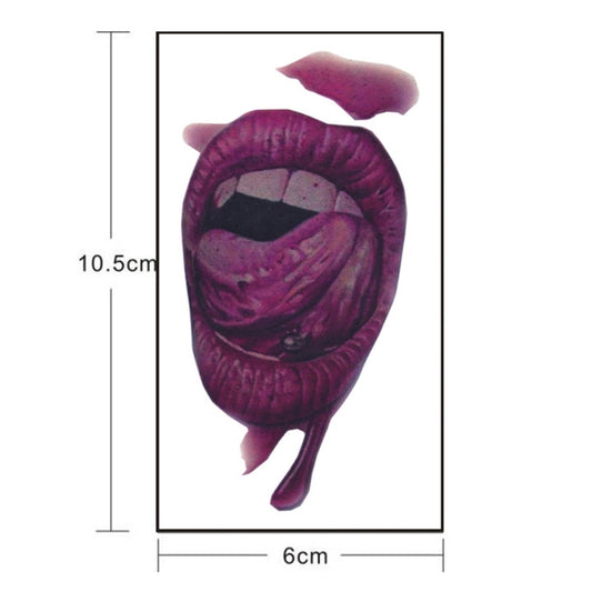 Purple mouth wound temporary tattoo sticker with size markings, tongue and teeth