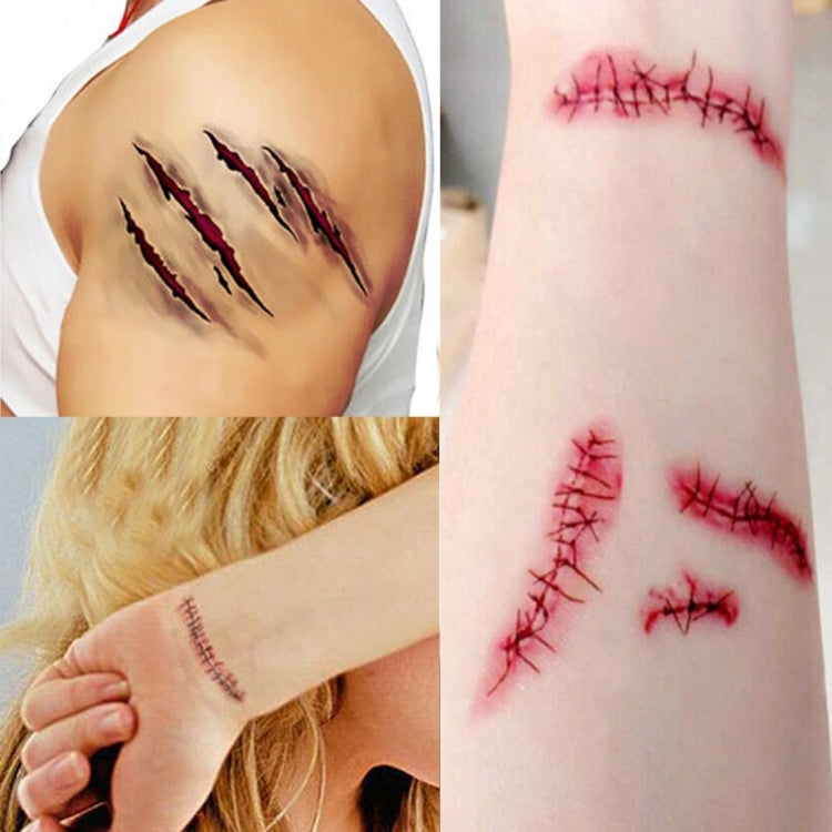 Temporary wound tattoo stickers applied on arm and leg: scratches and stitched scars