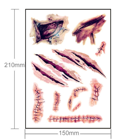 Temporary wound tattoo sticker set, 150 x 210 mm sheet with scratches and stitches