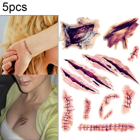 Set of temporary wound and scratch tattoo stickers with realistic purple cuts and stitches