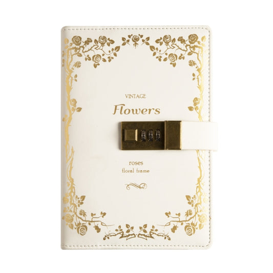 White PU cover notebook diary with vintage floral border and combination password lock