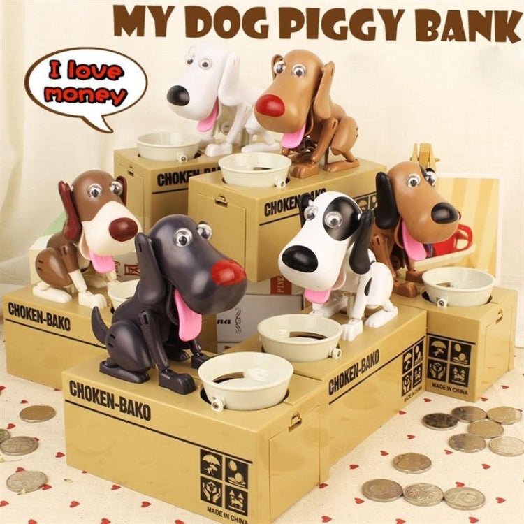 Pack of automatic dog coin banks with multiple dog figures on brown boxes