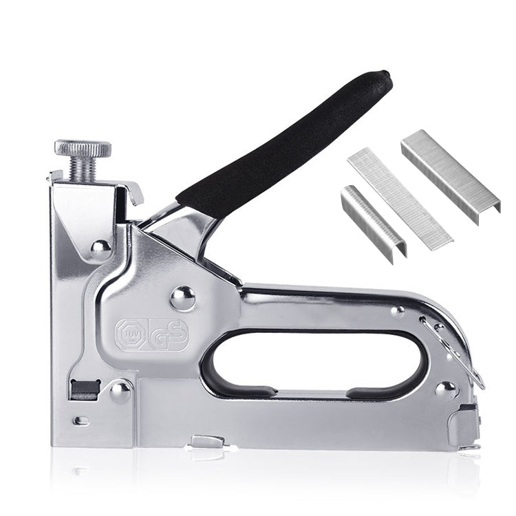 Metal U/T nail gun with black handle and included nails, ready for use and loading