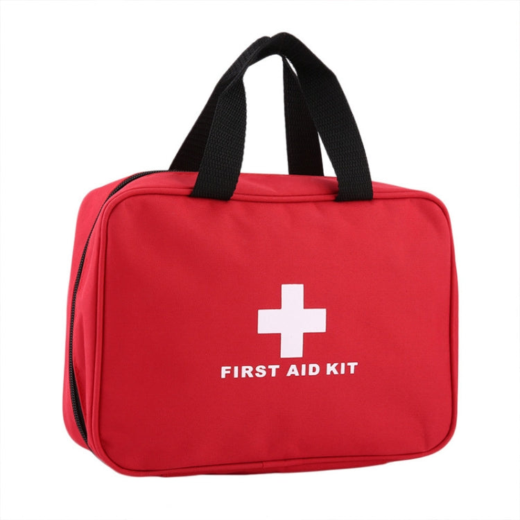 Red first aid kit bag with black handles, plus logo, and “FIRST AID KIT” text