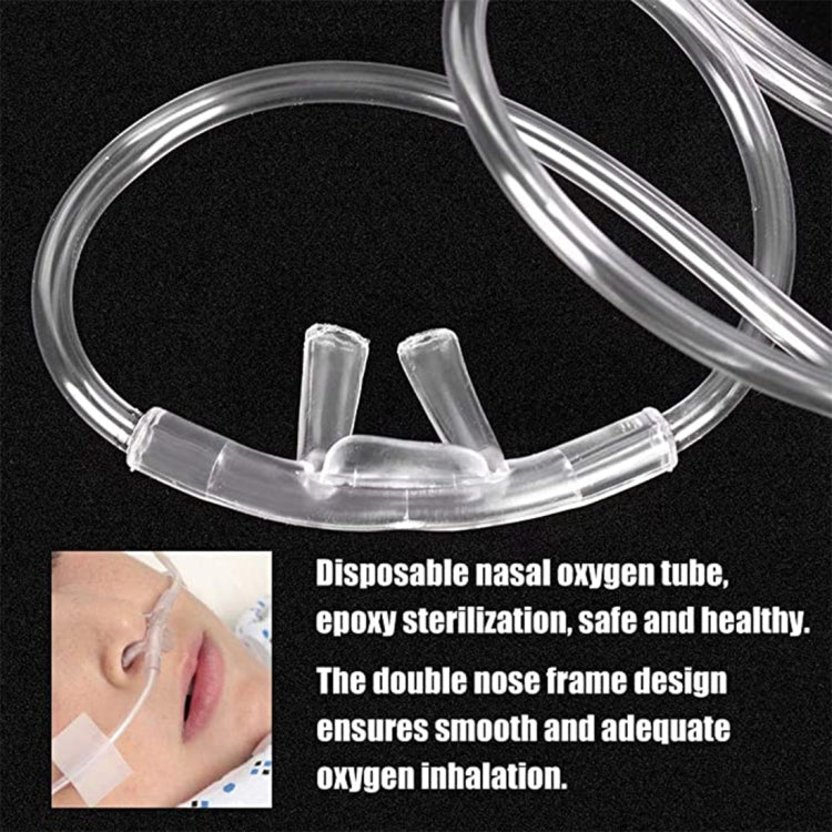 Close-up of disposable double-hole nasal oxygen cannula with clear tubes