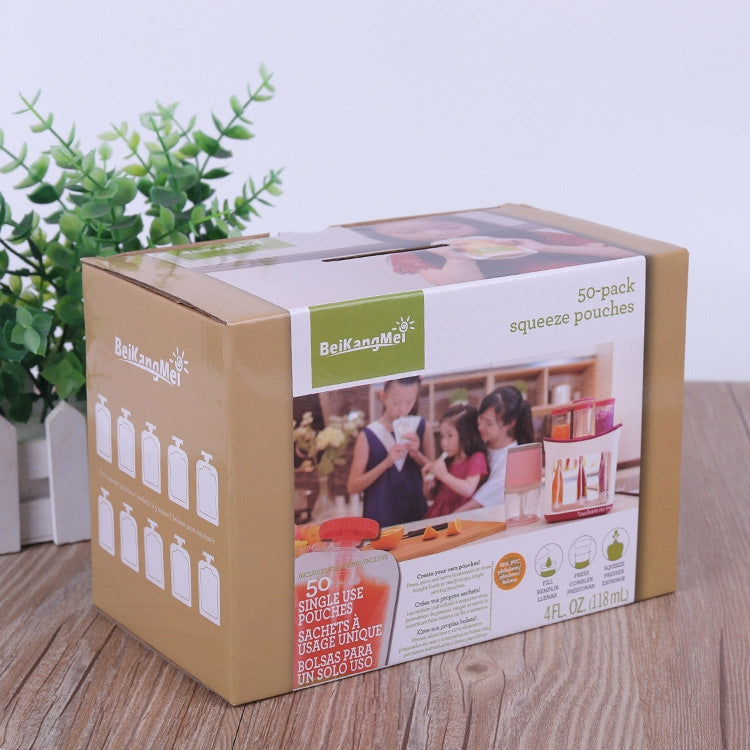 Retail box packaging for 50-pack squeeze food storage pouches on a wood floor