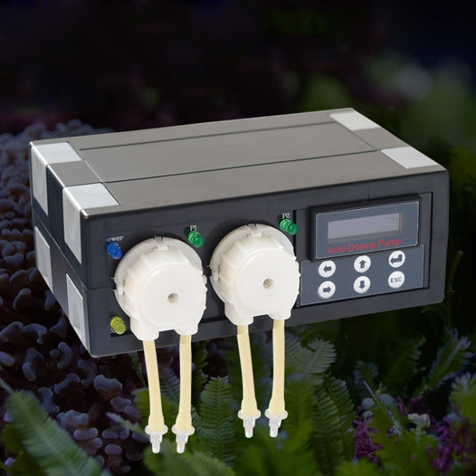 2-channel auto dosing pump with two white pump heads and attached dosing tubes